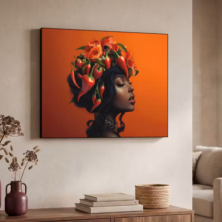 Vrouw - Chilipepers - Pepers - Bloemen Textielframe - compleet frame klein -sfeer3