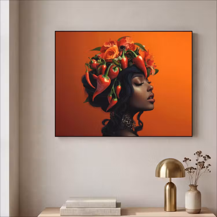Vrouw - Chilipepers - Pepers - Bloemen Textielframe - compleet frame klein -sfeer2