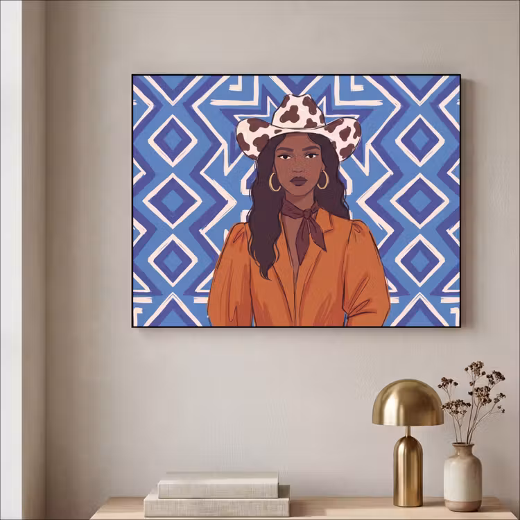 Vrouw - Cowboyhoed - Portret - Modern - Blauw Textielframe zwart klein -sfeer2
