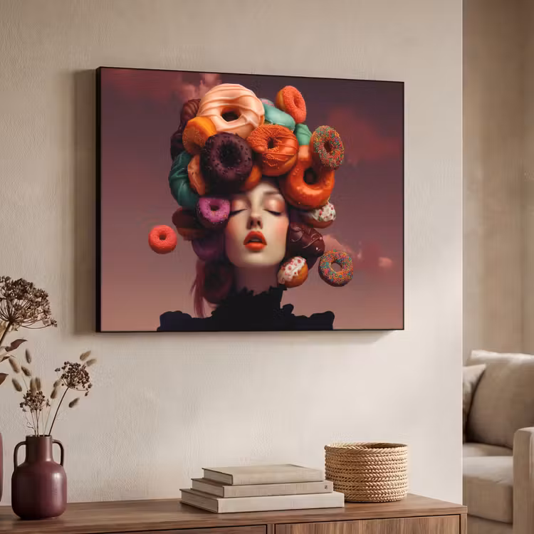 Vrouw - Donuts - Kleurrijk Textielframe zwart klein -sfeer3