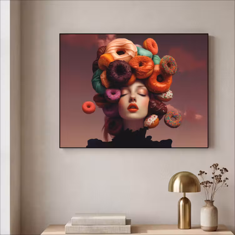 Vrouw - Donuts - Kleurrijk Textielframe zwart klein -sfeer2