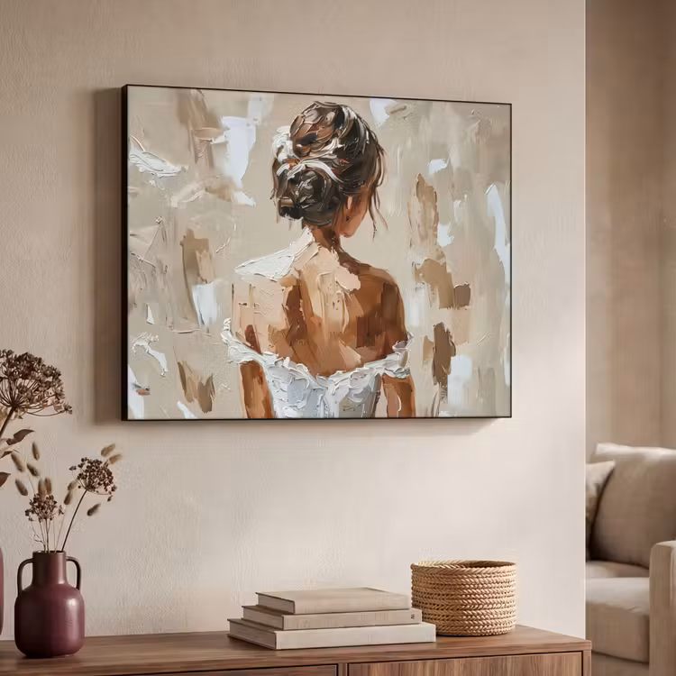 Vrouw - Verf - Abstract - Beige - Modern Textielframe - compleet frame klein -sfeer3