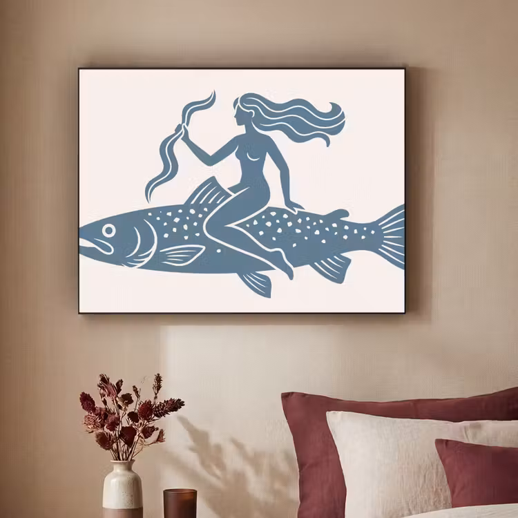 Vrouw - Vis - Fantasie - Abstract - Blauw Textielframe zwart klein -sfeer1
