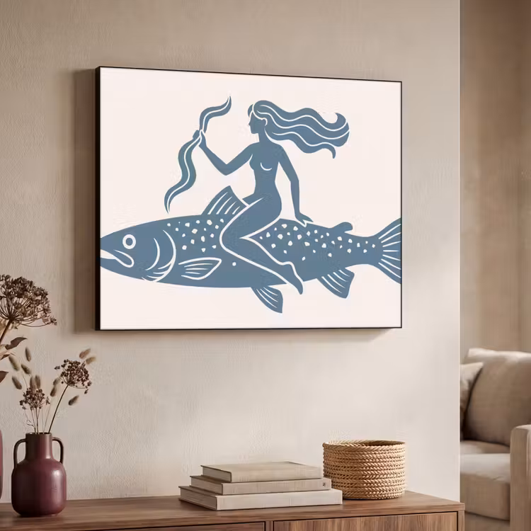 Vrouw - Vis - Fantasie - Abstract - Blauw Textielframe zwart klein -sfeer3