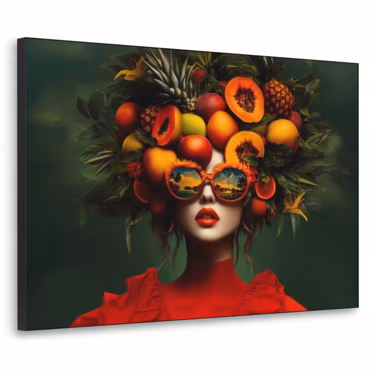 Vrouw - Vruchten - Papaja - Ananas Textielframe zwart klein -3d