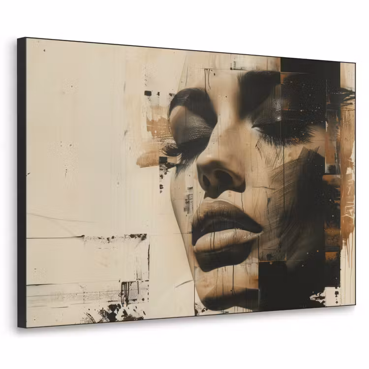Vrouw - Gezicht - Abstract - Kunst Textielframe zwart klein -3d