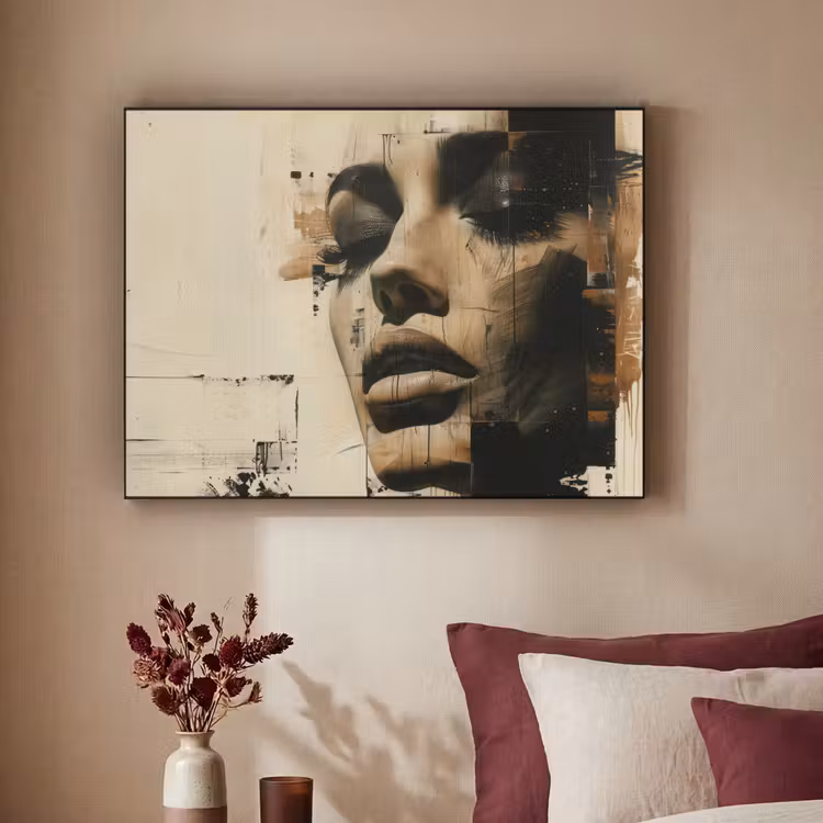 Vrouw - Gezicht - Abstract - Kunst Textielframe - compleet frame klein -sfeer1