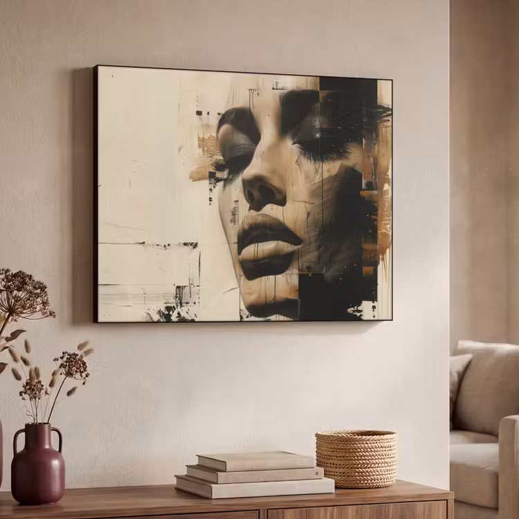 Vrouw - Gezicht - Abstract - Kunst Textielframe zwart klein -sfeer3
