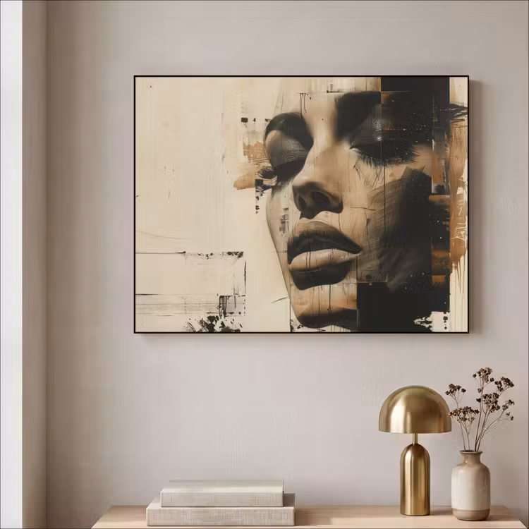 Vrouw - Gezicht - Abstract - Kunst Textielframe - compleet frame klein -sfeer2