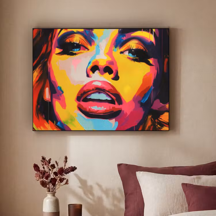 Vrouw - Gezicht - Kleurrijk Textielframe zwart klein -sfeer1