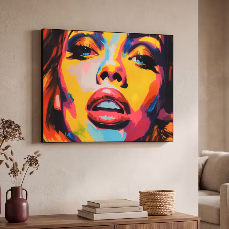 Vrouw - Gezicht - Kleurrijk Textielframe - compleet frame klein -sfeer3