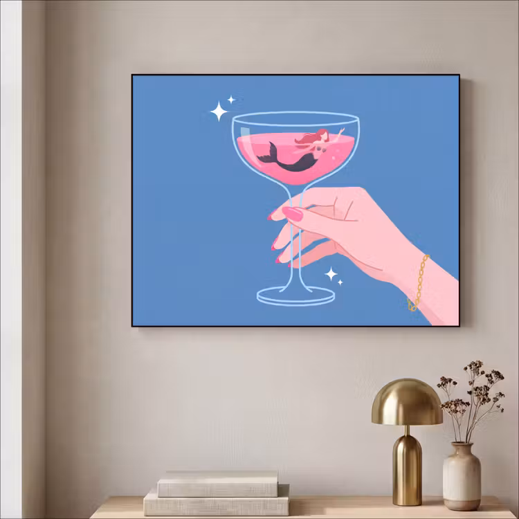 Vrouw - Glas - Abstract - Roze - Blauw Textielframe zwart klein -sfeer2