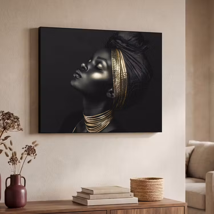 Vrouw - Goud - Portret - Modern Textielframe zwart klein -sfeer3
