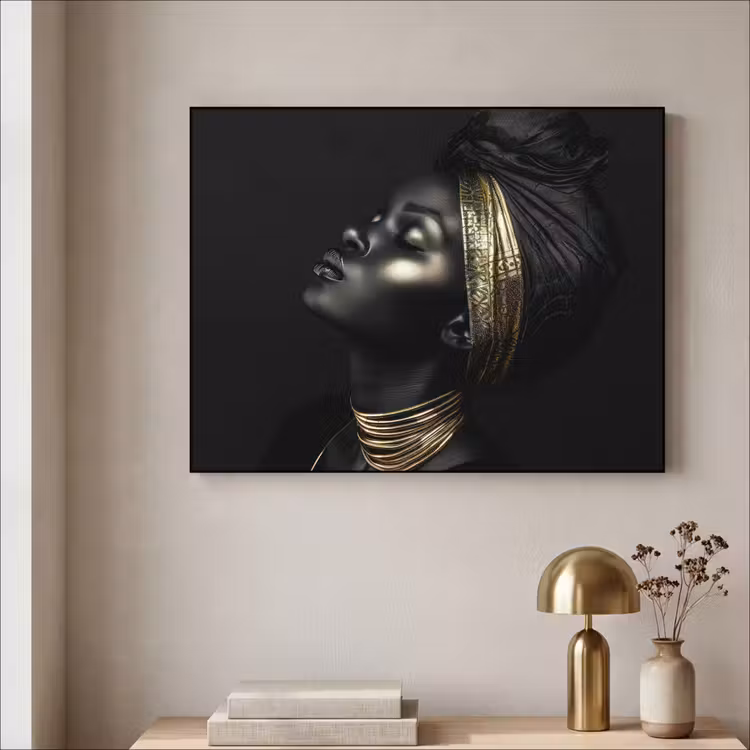 Vrouw - Goud - Portret - Modern Textielframe zwart klein -sfeer2