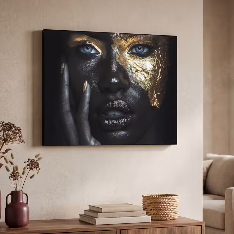 Vrouw - Goud - Portret - Modern - Zwart - Abstract Textielframe zwart klein -sfeer3