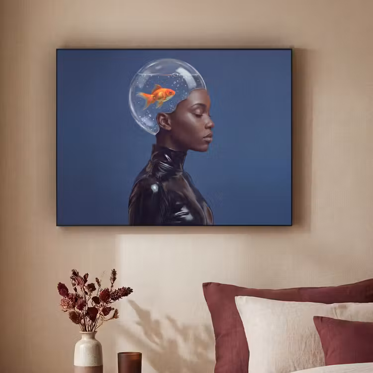 Vrouw - Goudvis - Hoofd - Abstract - Blauw Textielframe zwart klein -sfeer1