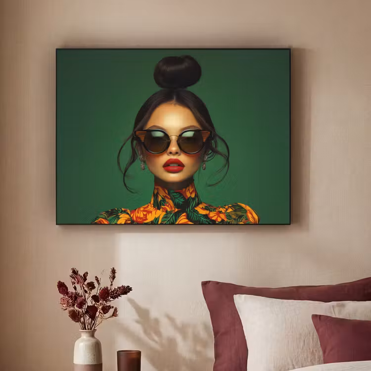 Vrouw - Groen - Modern - Bril - Abstract Textielframe zwart klein -sfeer1
