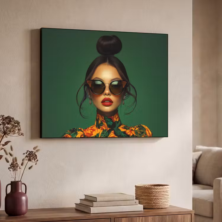 Vrouw - Groen - Modern - Bril - Abstract Textielframe zwart klein -sfeer3