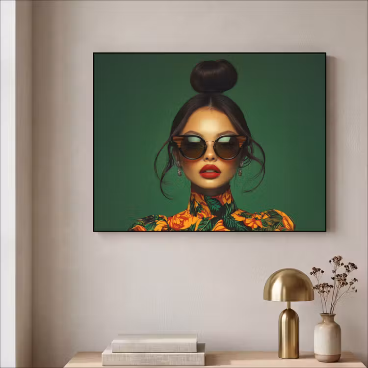 Vrouw - Groen - Modern - Bril - Abstract Textielframe zwart klein -sfeer2