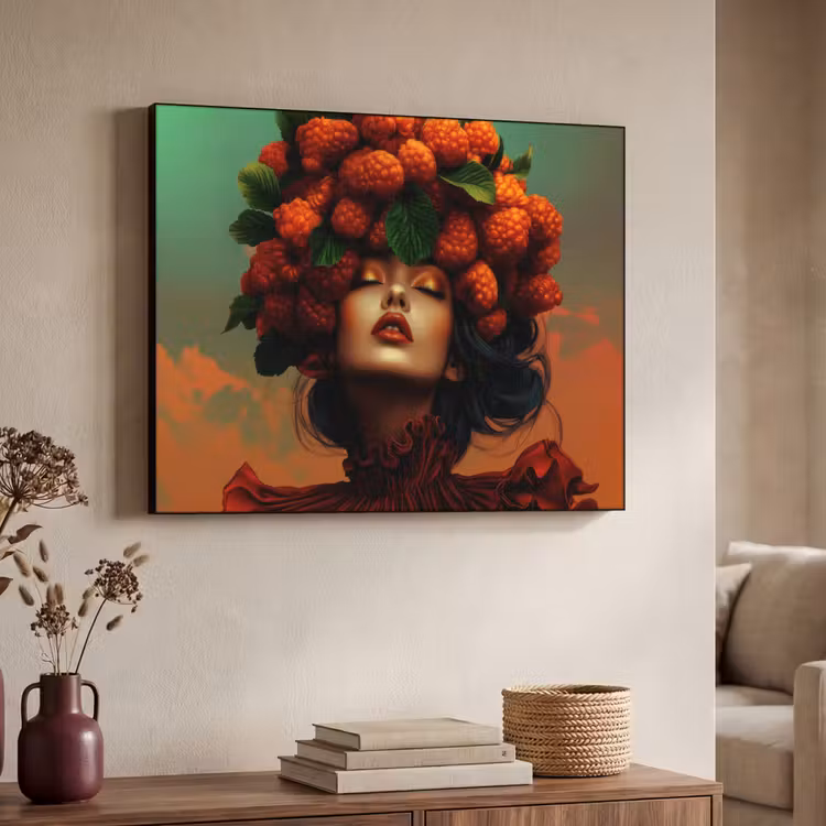 Vrouw - Frambozen - Bladeren Textielframe - compleet frame klein -sfeer3