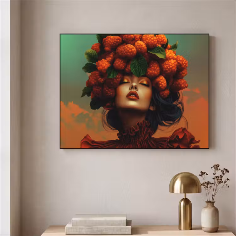 Vrouw - Frambozen - Bladeren Textielframe - compleet frame klein -sfeer2