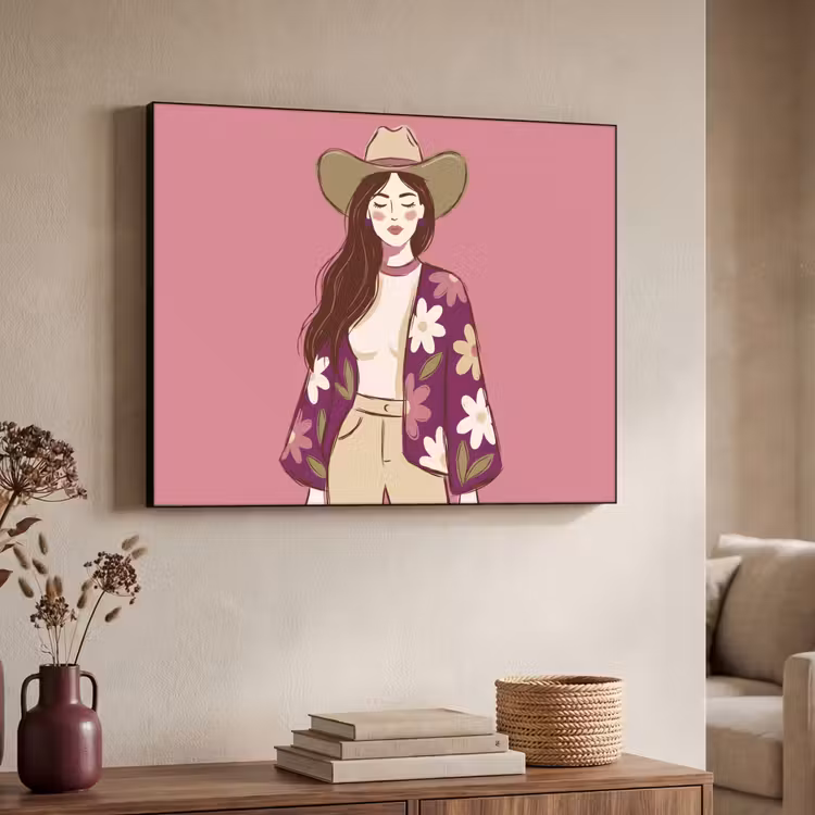 Vrouw - Hoed - Portret - Illustratie - Roze Textielframe zwart klein -sfeer3