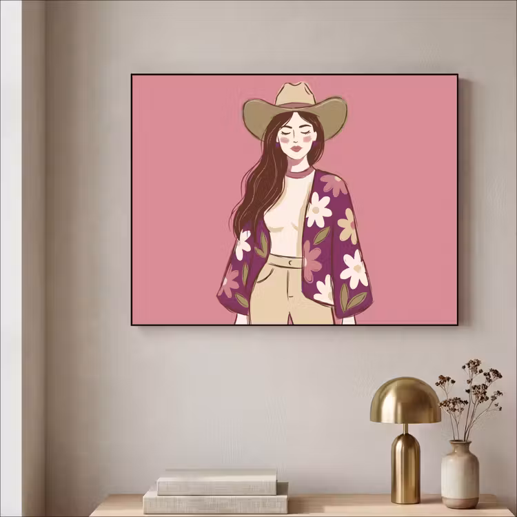 Vrouw - Hoed - Portret - Illustratie - Roze Textielframe zwart klein -sfeer2