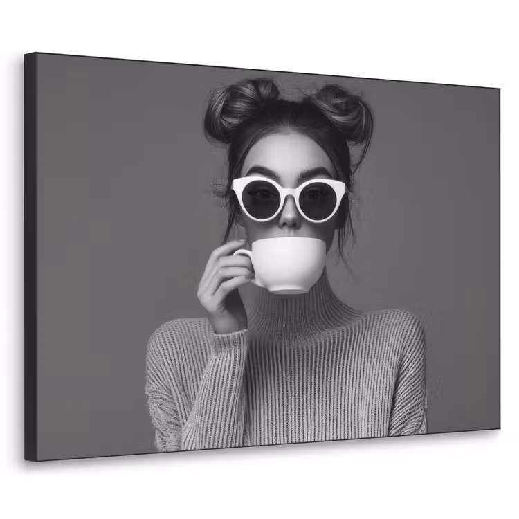 Vrouw - Koffie - Zwart - Wit Textielframe zwart klein -3d