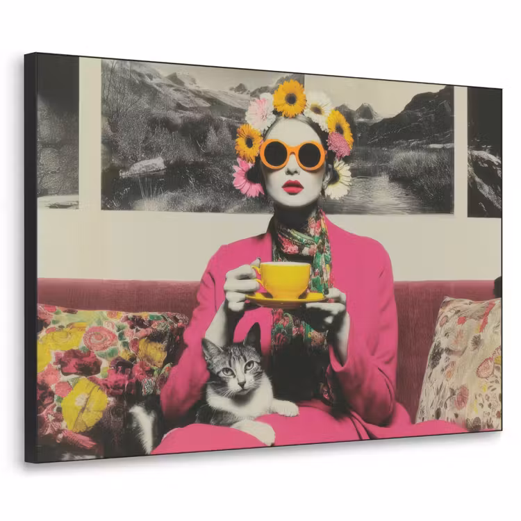 Vrouw - Kat - Bloemen - Kopje - Retro Textielframe zwart klein -3d