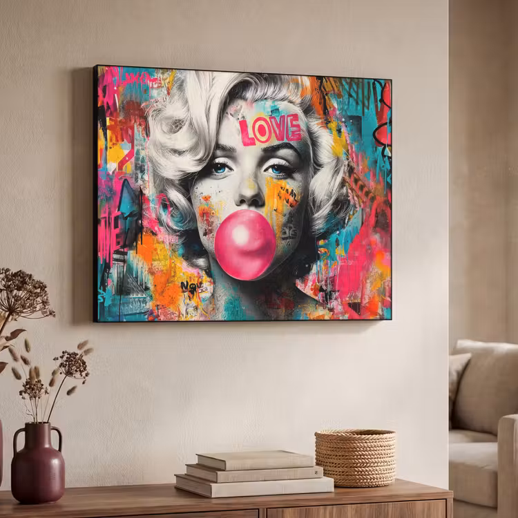 Vrouw - Kauwgom - Graffiti - Neonkleuren Textielframe - compleet frame klein -sfeer3