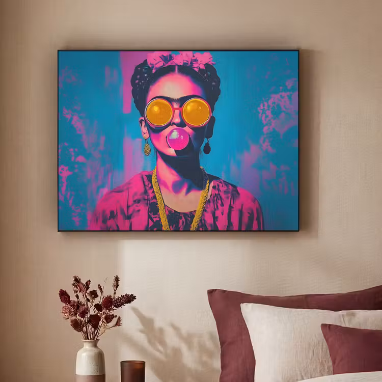 Vrouw - Kauwgom - Zonnebril - Oranje Textielframe - compleet frame klein -sfeer1