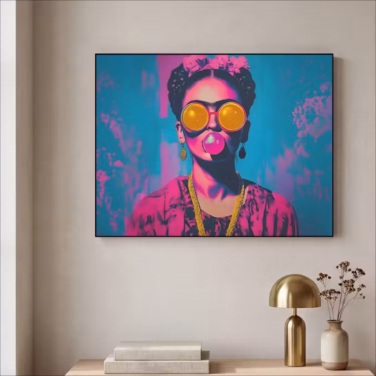 Vrouw - Kauwgom - Zonnebril - Oranje Textielframe zwart klein -sfeer2