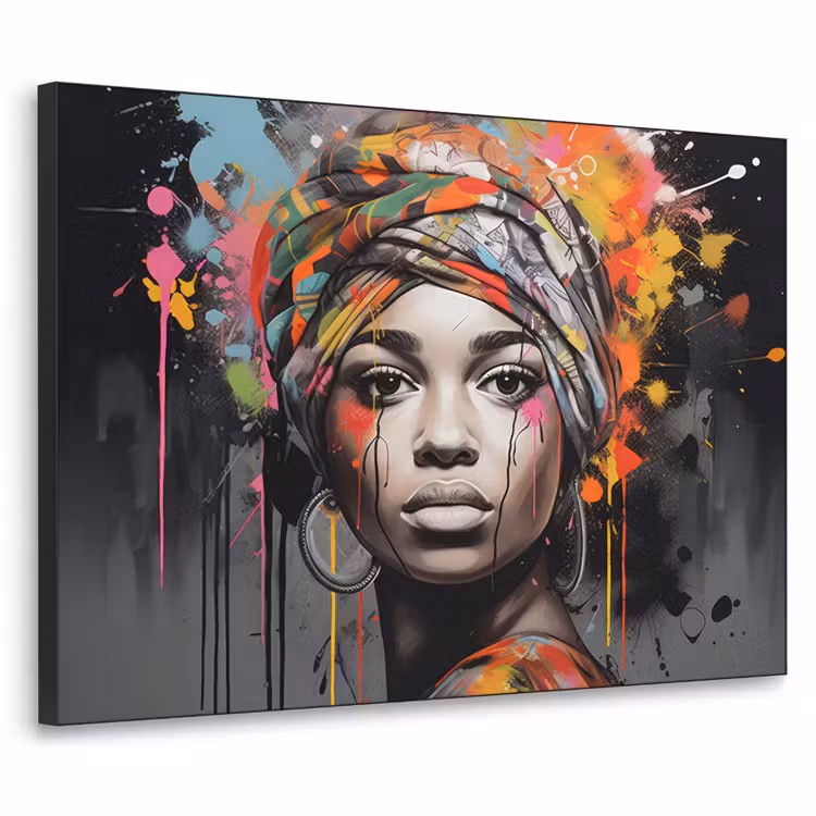 Vrouw - Hoofddoek - Graffiti - Zwart Textielframe zwart klein -3d