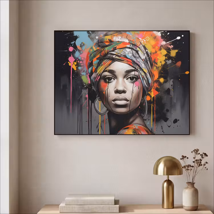 Vrouw - Hoofddoek - Graffiti - Zwart Textielframe zwart klein -sfeer2