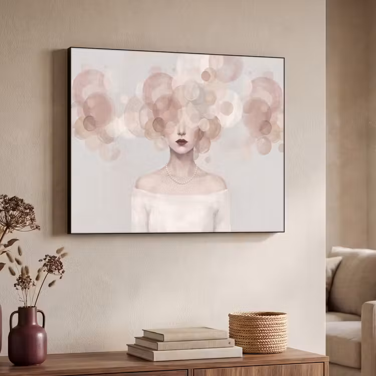 Vrouw - Cirkels - Beige Textielframe zwart klein -sfeer3