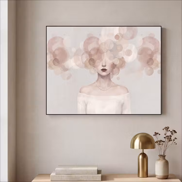 Vrouw - Cirkels - Beige Textielframe zwart klein -sfeer2