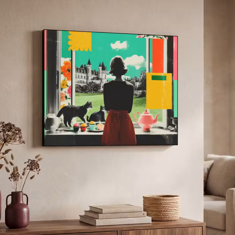 Vrouw - Keuken - Katten - Doorkijk Textielframe zwart klein -sfeer3