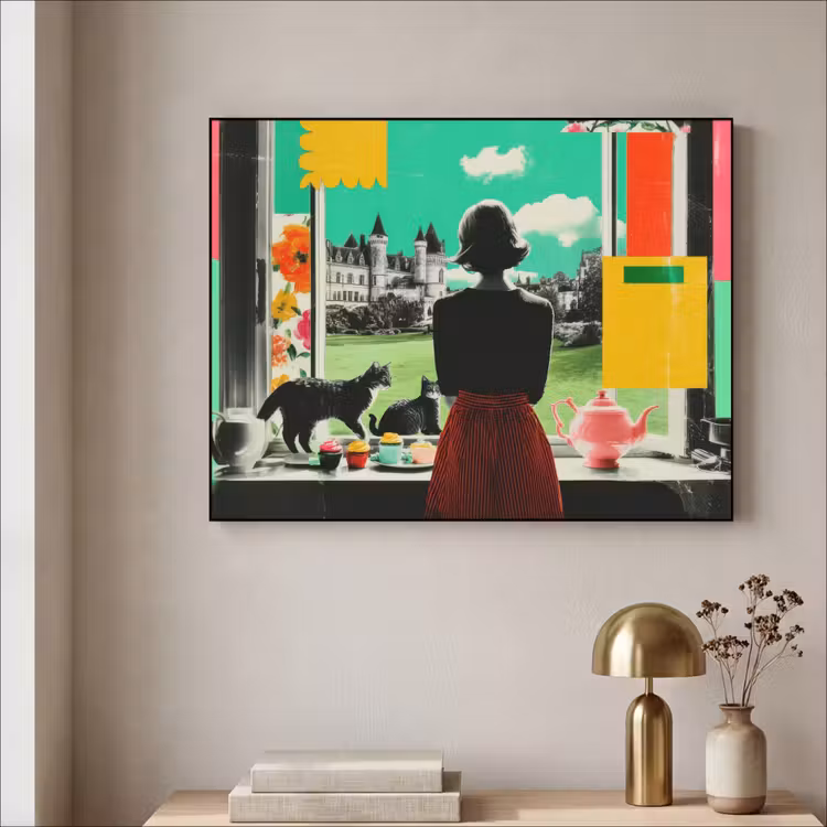Vrouw - Keuken - Katten - Doorkijk Textielframe - compleet frame klein -sfeer2