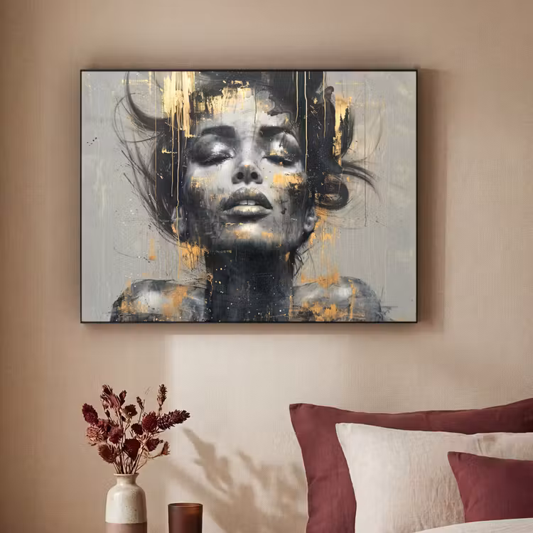 Vrouw - Kunst - Goud - Abstract - Glamour Textielframe zwart klein -sfeer1