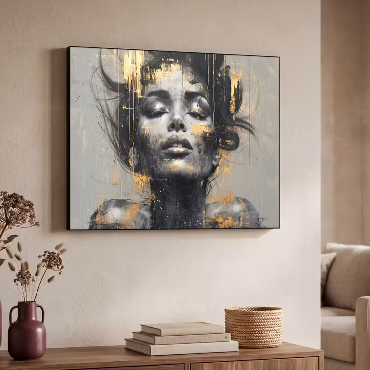 Vrouw - Kunst - Goud - Abstract - Glamour Textielframe zwart klein -sfeer3