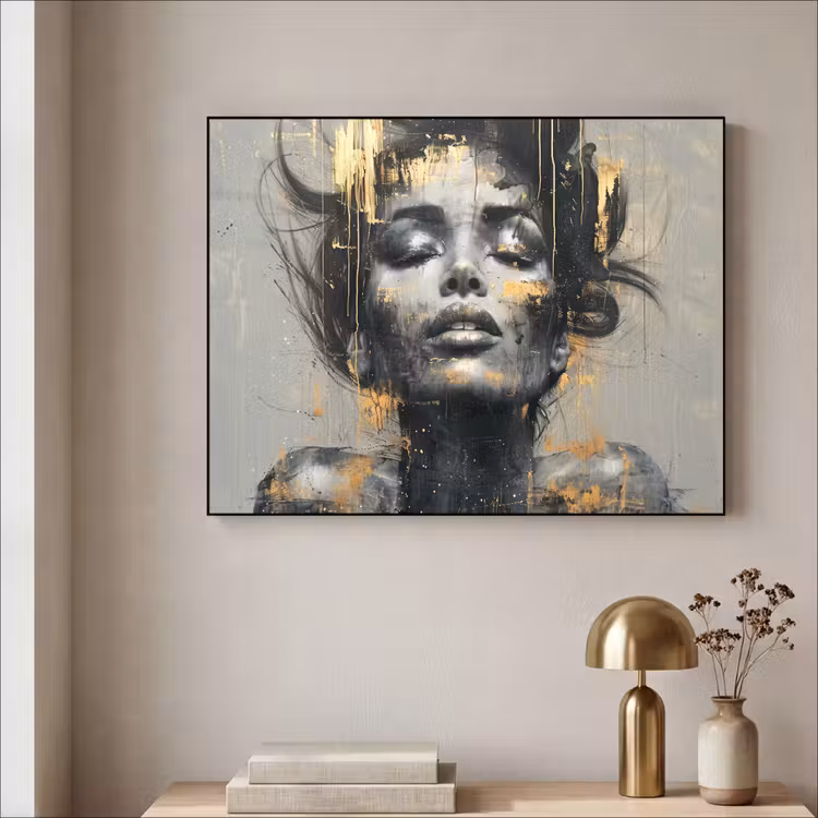 Vrouw - Kunst - Goud - Abstract - Glamour Textielframe zwart klein -sfeer2