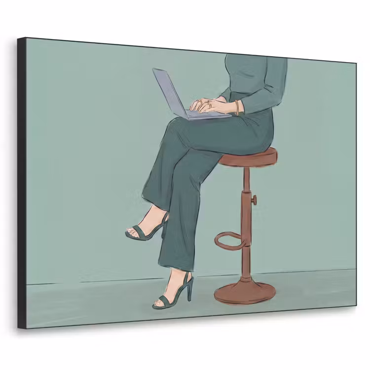 Vrouw - Laptop - Zittend - Illustratie - Groen Textielframe zwart klein -3d