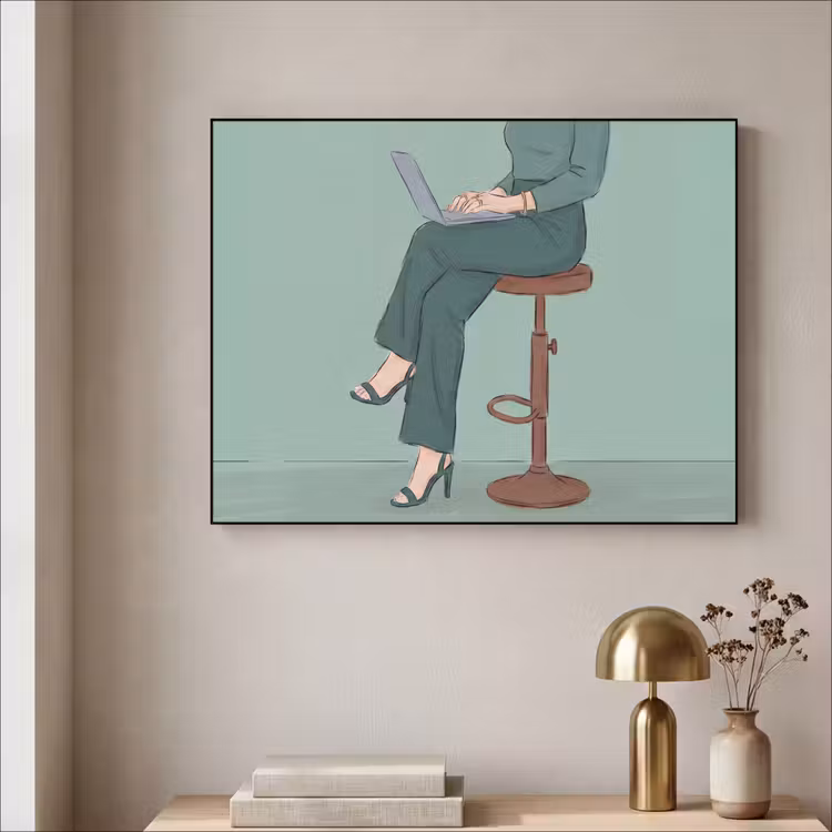 Vrouw - Laptop - Zittend - Illustratie - Groen Textielframe zwart klein -sfeer2