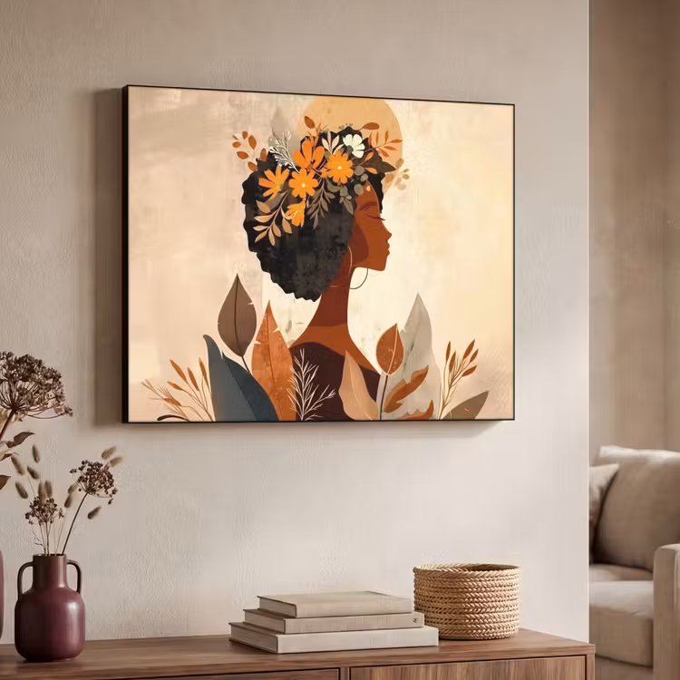 Vrouw - Krullen - Bloemen - Beige Textielframe - compleet frame klein -sfeer3