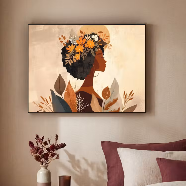 Vrouw - Krullen - Bloemen - Beige Textielframe - compleet frame klein -sfeer1