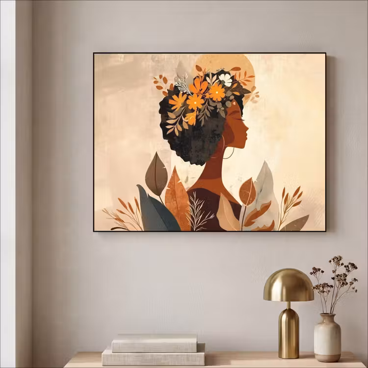 Vrouw - Krullen - Bloemen - Beige Textielframe zwart klein -sfeer2