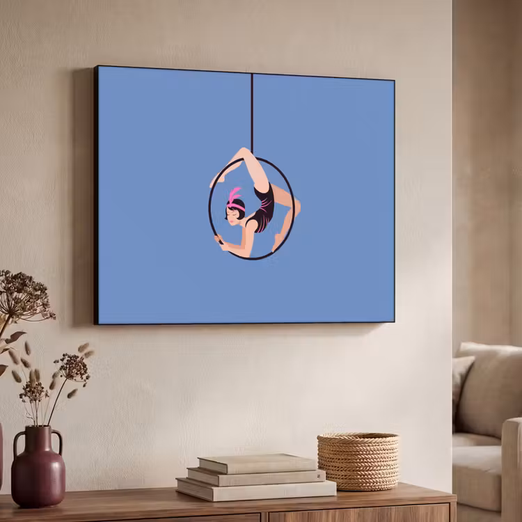 Vrouw - Aerial hoop - Art deco - Illustratie - Blauw Textielframe zwart klein -sfeer3