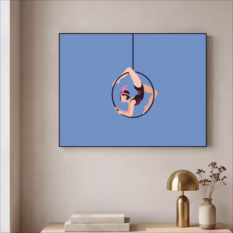 Vrouw - Aerial hoop - Art deco - Illustratie - Blauw Textielframe zwart klein -sfeer2