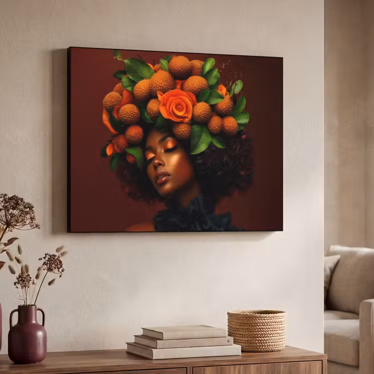Vrouw - lychee - exotisch Textielframe zwart klein -sfeer3