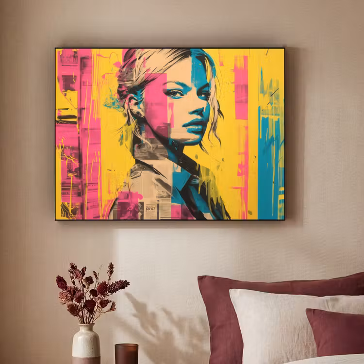 Vrouw - Verfstrepen - Gekleurd Textielframe - compleet frame klein -sfeer1